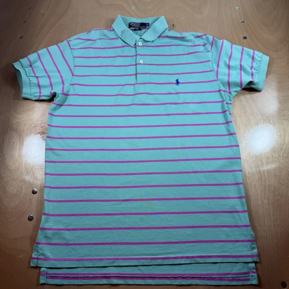 Vintage Polo Ralph Lauren Retro Stripped Made USA 100% Cotton Polo Turquoise M